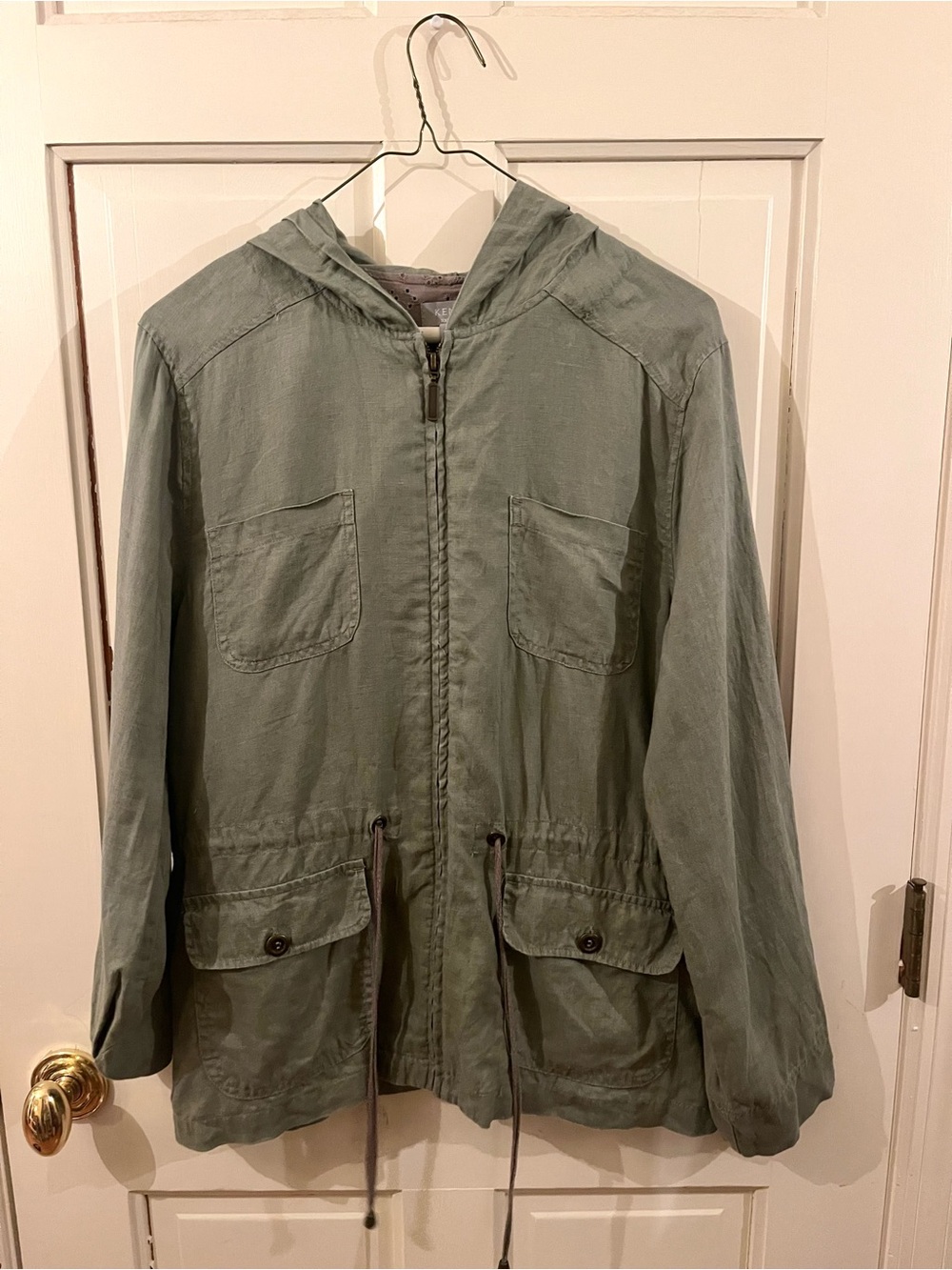 Kenar 100% Linen Hooded Field Jacket in Olive Green Women’s Medium